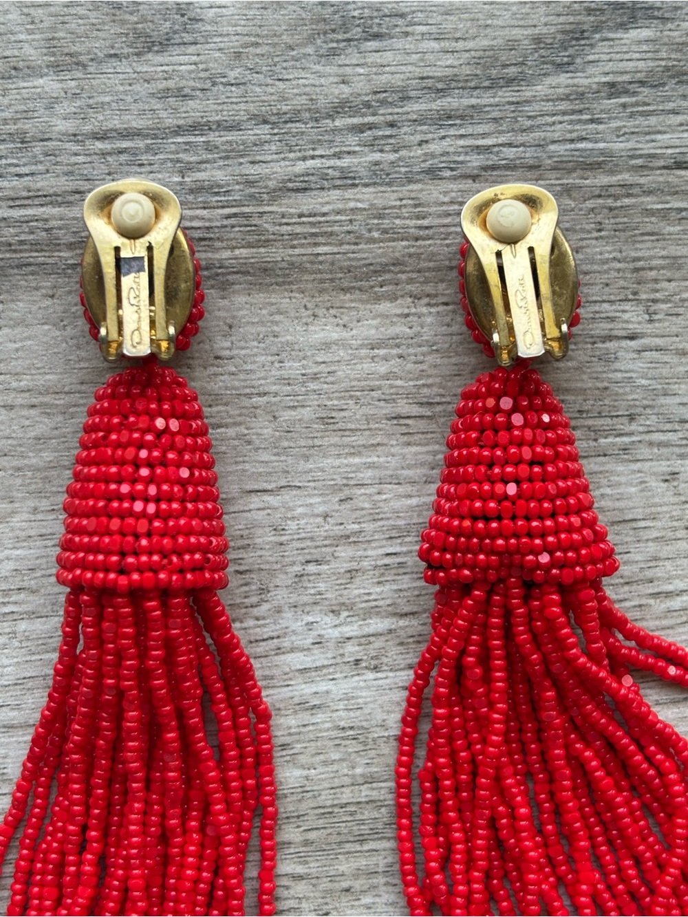 Oscar de la Renta Red Beaded Tassel Statement Earrings - Picture 3 of 5